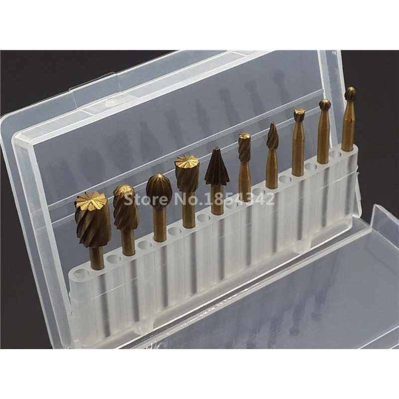 10pcs Set BOX HSS Titanium Dremel Routing Rotary Milling Rotary File Cutter Wood Carving Carved Knife Cutter Tools Accessories
10pcs Set BOX HSS Titanium Dremel Routing Rotary Milling Rotary File Cutter Wood Carving Carved Knife Cutter Tools Accessories