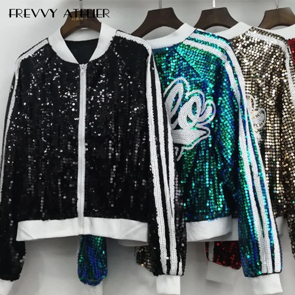 

2019 spring colourful sequins letter spliced solid woman bomber jacket blouson femme spring jackets Street style from FREVVY