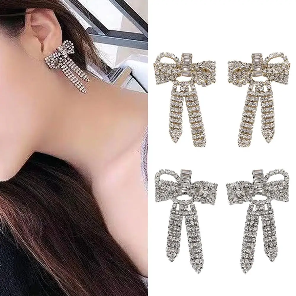 Fashion Rhinestone Bow Knot Long Chain Dangle Earrings Silver And Gold Color Jewelry Bohemian Collection Accessories | Украшения и