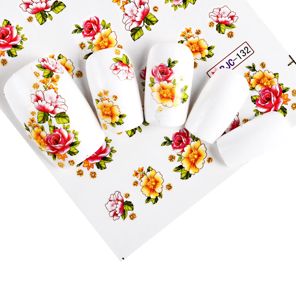 55pcs New Latest Nail Art Glitter Tips Flower Designs with Gold Powder Nail Art Sticker Decals Watermark DIY Manicur (3)