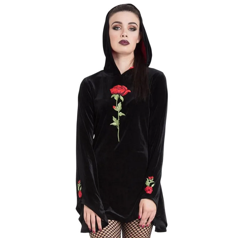 Gothic Witch Flare Sleeve Hooded Dress Pullovers Women Embroidery Mini Dress Black Long Sleeve Punk Rock Short Female Vestidos
Gothic Witch Flare Sleeve Hooded Dress Pullovers Women Embroidery Mini Dress Black Long Sleeve Punk Rock Short Female Vestidos