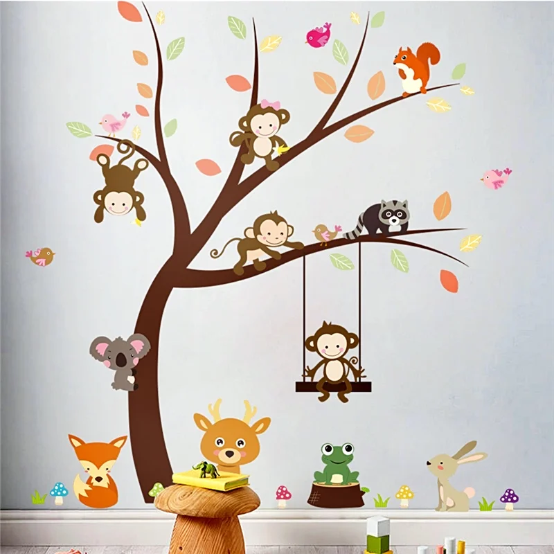 

cartoon forest monkey bird fox tree wall stickers for kids rooms decorations animal wall decals diy mural art pvc posters