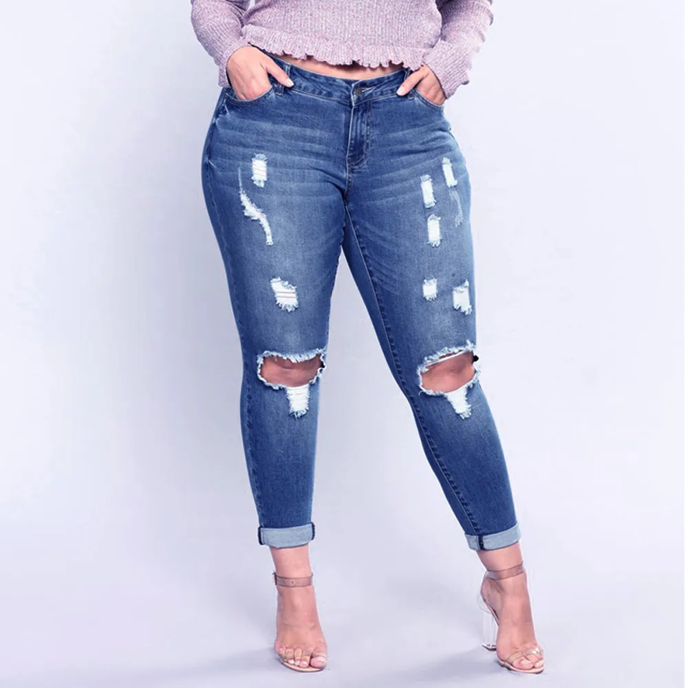 Women Plus Size Elastic Women Jeans Ripped Stretch Slim Denim Skinny