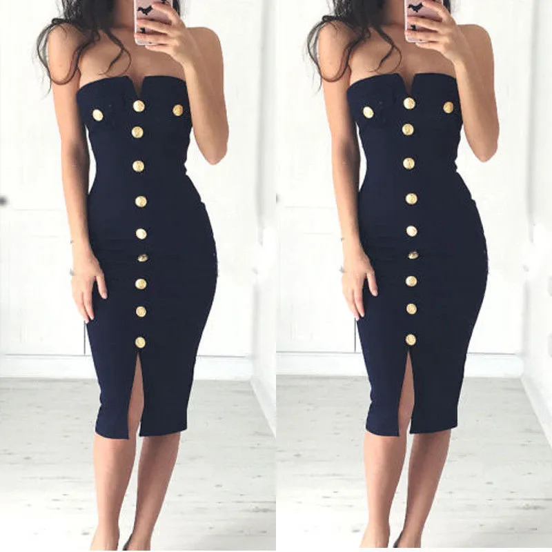 Stylish Women dress off shoulder Bodycon Pencil Polyester Evening sleeveless Sexy Button Ladies Party Dresses one pieces
Stylish Women dress off shoulder Bodycon Pencil Polyester Evening sleeveless Sexy Button Ladies Party Dresses one pieces