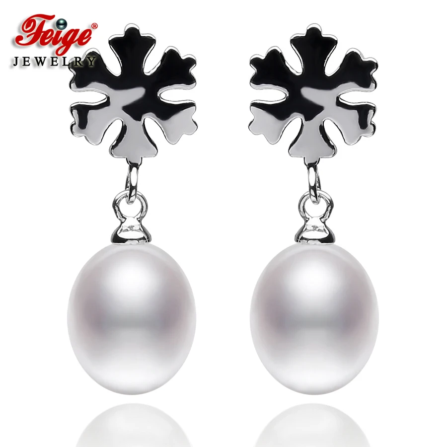

FEIGE Snowflake-Shaped Pearl Earrings For Women's 8-9mm White Natural Freshwater Pearl 925 Sterling Silver Earrings Fine jewelry