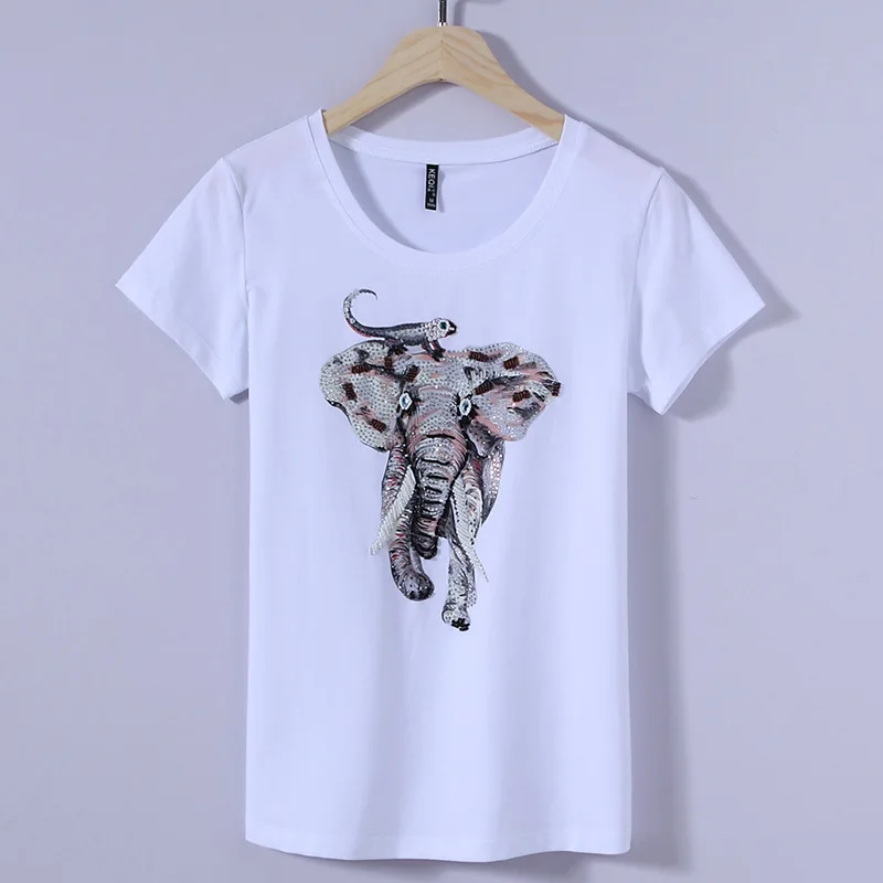 Women 2017 Summer Short Sleeve Beaded diamond elephant Print T shirts Fashion slim White Top Tees Women Designer Clothing
Women 2017 Summer Short Sleeve Beaded diamond elephant Print T shirts Fashion slim White Top Tees Women Designer Clothing