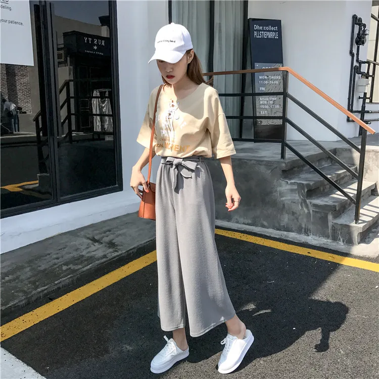 Plus Size - Casual Elastic Waist Loose Wide Leg Pants Preppy Style Trousers Female Palazzo Pants (Us 18W-20W)