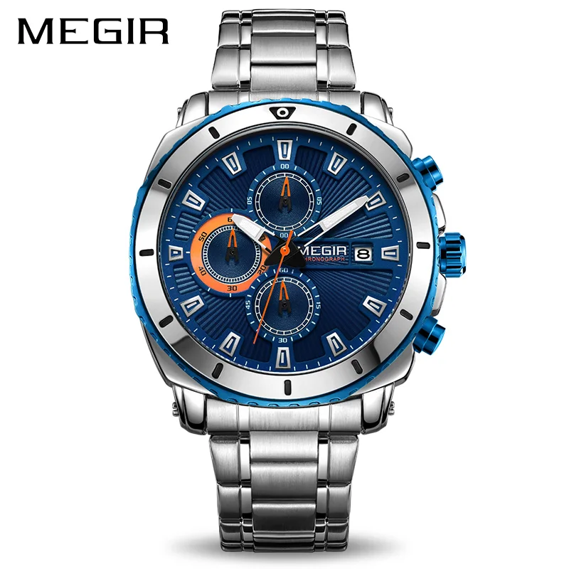 

MEGIR Men' Chronograph Quartz Watches Stainless Steel Formal Dress Analogue Wristwatche for Man Blue Dial Luminous Hands MS2075