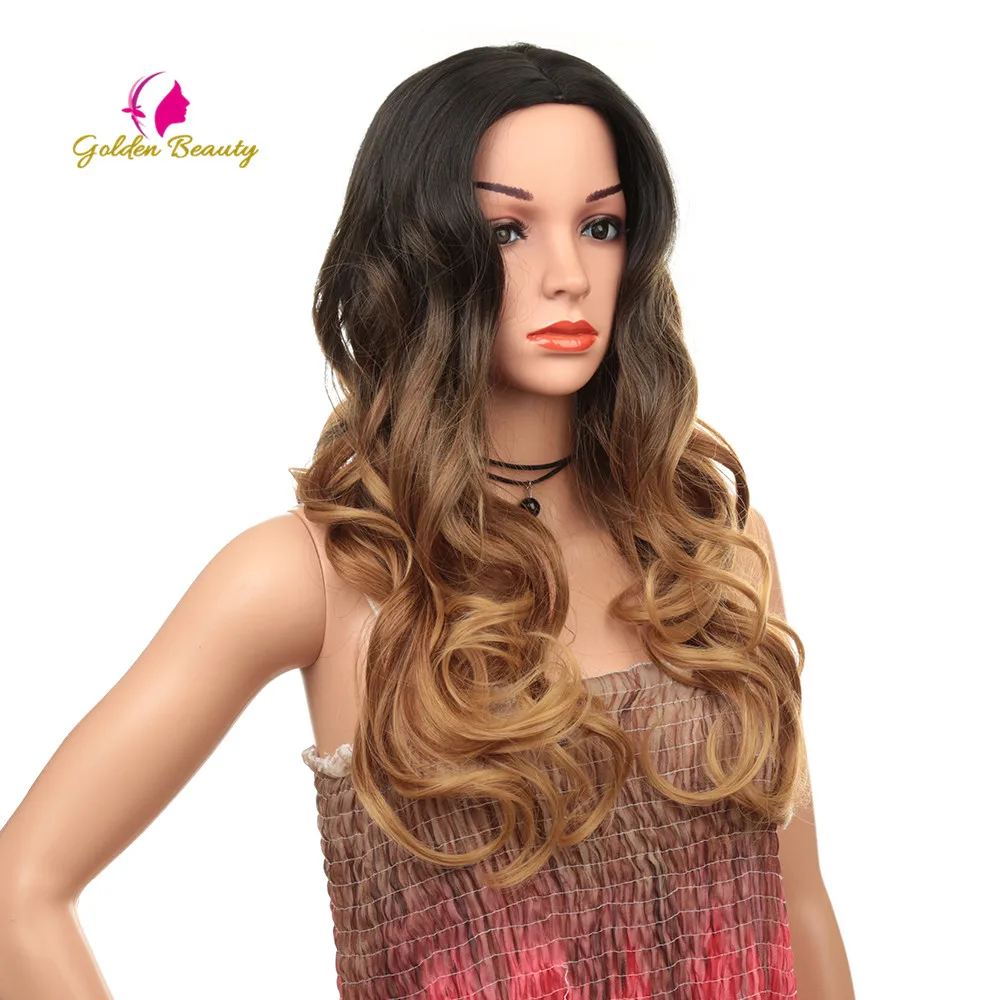 

24" Long Ombre Brown Wavy Wig Cosplay/Party Synthetic Wigs For Black White Women High Density Temperature Golden Beauty