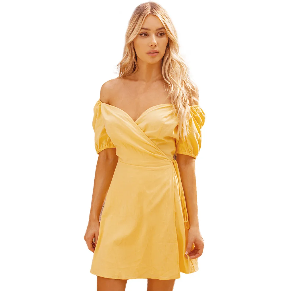 Women's Solid Yellow Off Shoulder V-Neck Puff Short Sleeves Strapless Flare Mini Dress Summer Clothing Ladies Dresses Sundresses
Women's Solid Yellow Off Shoulder V-Neck Puff Short Sleeves Strapless Flare Mini Dress Summer Clothing Ladies Dresses Sundresses