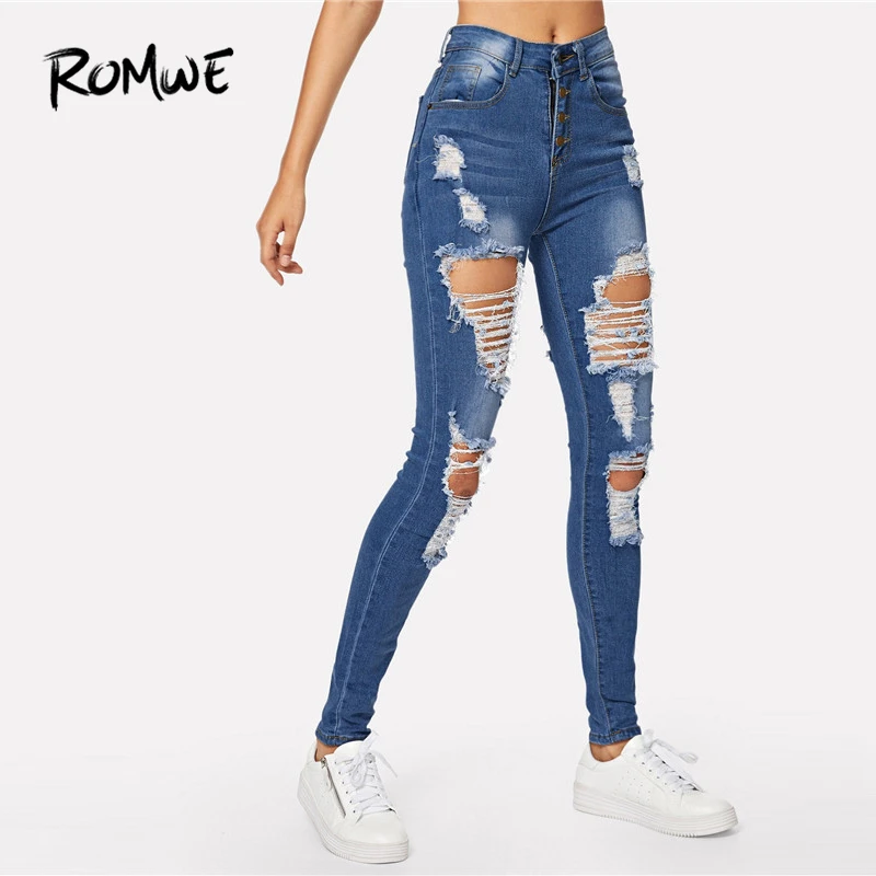

ROMWE Ripped Faded Wash Button Fly Skinny Jeans 2019 Pockets Hole Mid Waist Denim Pant Spring Autumn Zipper Blue Long Pants