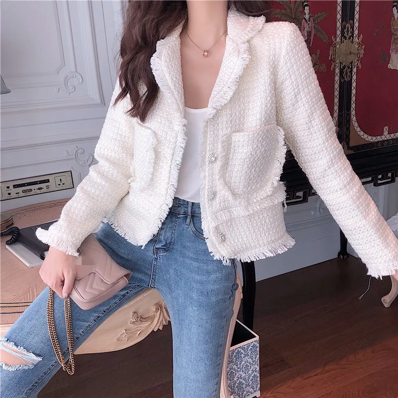 New Ladies White Tweed Jacket Coat Autumn Women's Single-breasted Long Sleeve Coats Casaco Tassel Slim Woolen Jacket Outerwear
New Ladies White Tweed Jacket Coat Autumn Women's Single-breasted Long Sleeve Coats Casaco Tassel Slim Woolen Jacket Outerwear