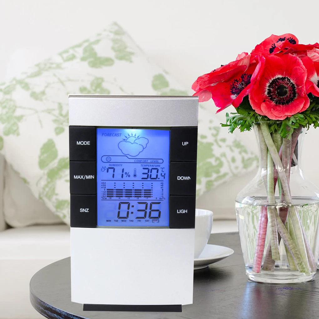 CX-506 Digital LCD Thermometer Hygrometer Barometer Forecast Temperature Humidity Meter Backlight Clock Weather Station
CX-506 Digital LCD Thermometer Hygrometer Barometer Forecast Temperature Humidity Meter Backlight Clock Weather Station