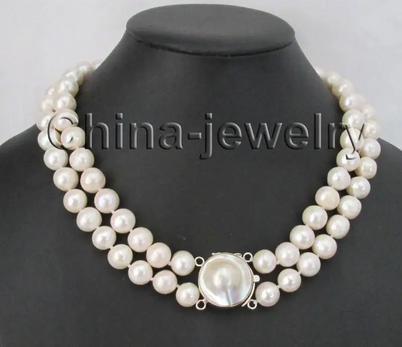 

17-19" 3row 10-11mm white round freshwater pearl necklace - 925 mabe