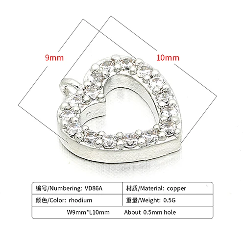 9*10mm Brass Cubic Zirconia Love Heart Charms Pendants DIY Women Necklace Pendant Jewelry Accessory Findings, Model: VD86
9*10mm Brass Cubic Zirconia Love Heart Charms Pendants DIY Women Necklace Pendant Jewelry Accessory Findings, Model: VD86