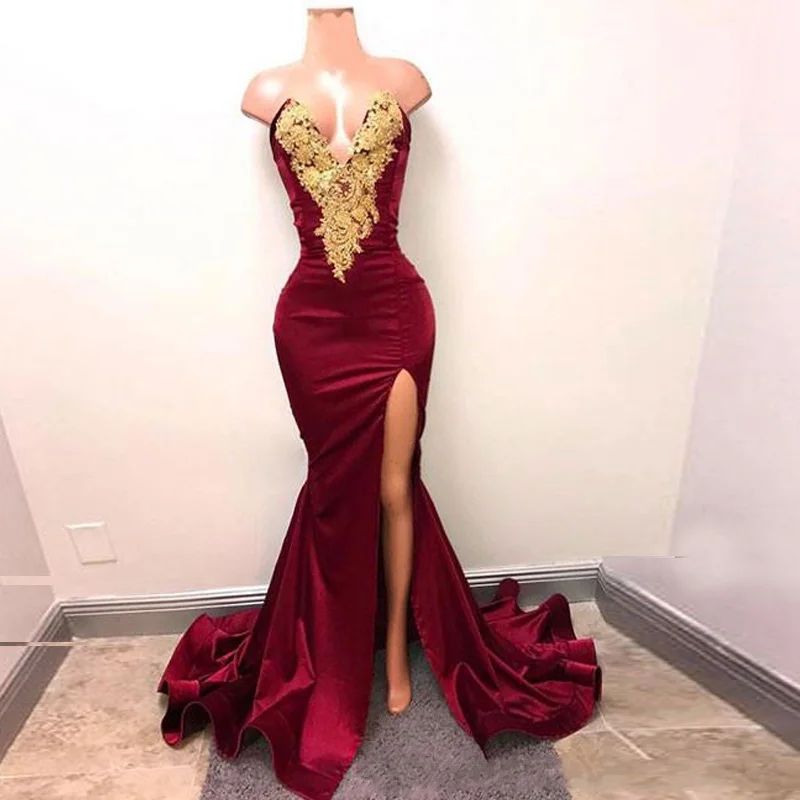Sexy Burgundy Mermaid Prom Gowns V Neck Appliques Satin Side Slit Evening Gowns Party Dresses With Split Sweep Train
Sexy Burgundy Mermaid Prom Gowns V Neck Appliques Satin Side Slit Evening Gowns Party Dresses With Split Sweep Train
