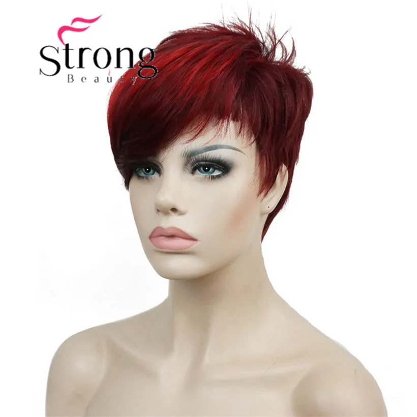 Image Short Side Bang Red Asymetrical Straight Wig Full Synthetic Wigs