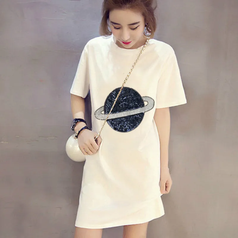 Summer Planet Sequined Embroidered T-shirts Large Size Women's Long Beading Shirts Dress Casual Tees O-Neck Loose Tops | Женская