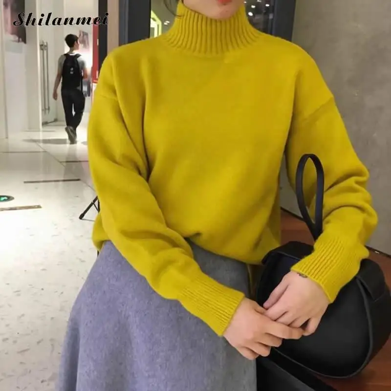 Image Womens Cowl Neck Cable Knit Long Sleeve Knitwear Pullover Sweater 2017 Winter Female Turtleneck Soft Warm Wool Pullovers