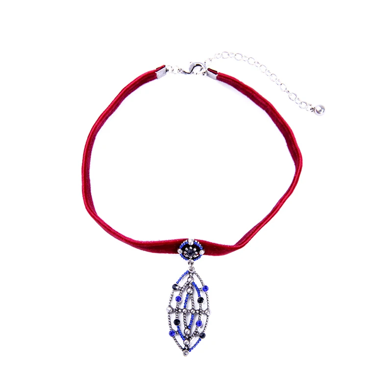 Фото Женское бархатное ожерелье-чокер с синим кристаллом | Украшения и аксессуары
