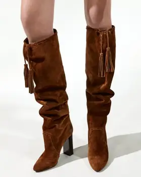 Autumn New Brand Women Fashion Black Brown Solid Color Pointed Toe Tassel Fringed Square Heels Slip On Knee High Boots Plus Size
Autumn New Brand Women Fashion Black Brown Solid Color Pointed Toe Tassel Fringed Square Heels Slip On Knee High Boots Plus Size