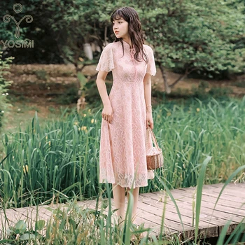 YOSIMI 2019 Summer Women Dress Lace Stand Neck Short Sleeve Mid-calf Pink Dress Elegant Tunic Slim Party A-Line Female Vestido
YOSIMI 2019 Summer Women Dress Lace Stand Neck Short Sleeve Mid-calf Pink Dress Elegant Tunic Slim Party A-Line Female Vestido