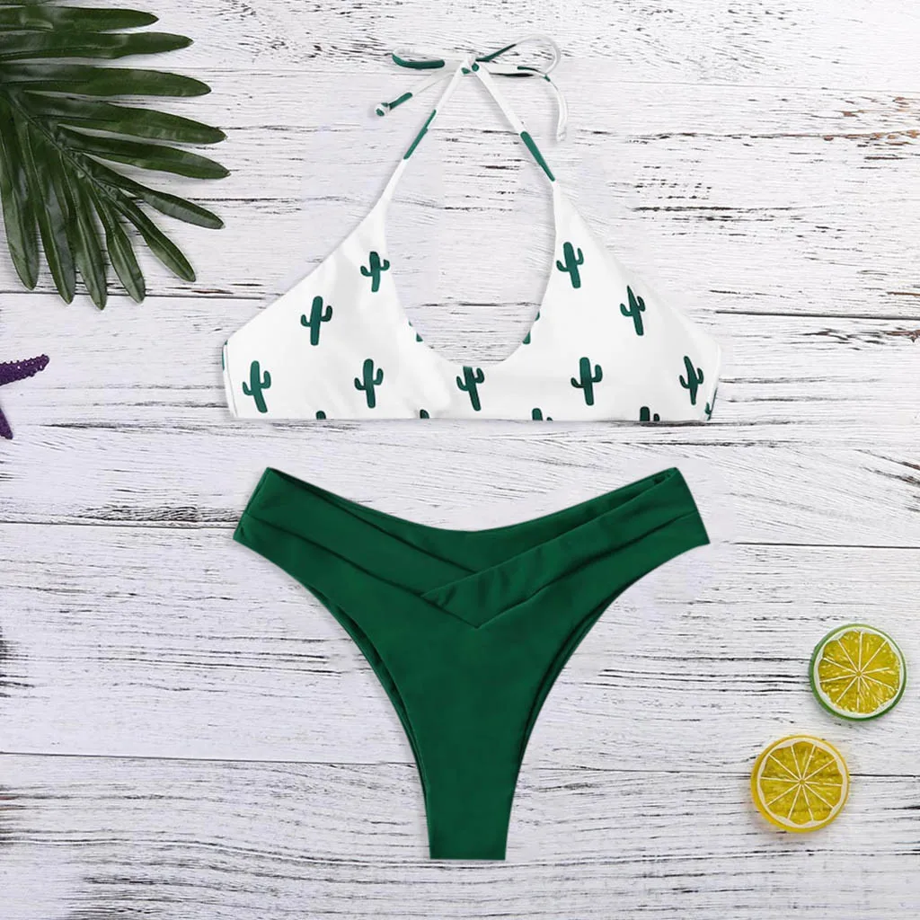 Women Printed Top Solid Green bottom Bandage Two Pieces Bikini Push-Up Swimsuit Brief micro Pad Swimwear Hanging Neck Beachwear
Women Printed Top Solid Green bottom Bandage Two Pieces Bikini Push-Up Swimsuit Brief micro Pad Swimwear Hanging Neck Beachwear