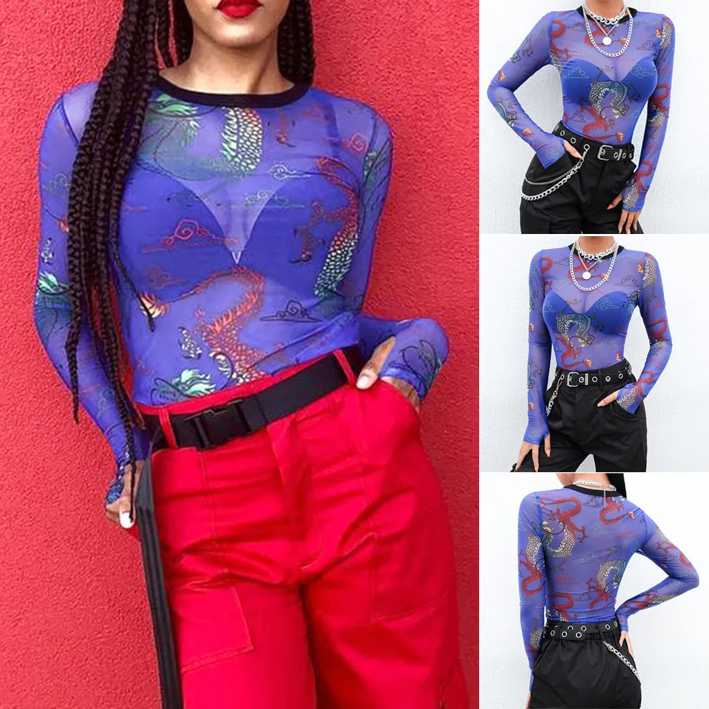 Fashion Women T-shirt Polyester Casual Long Sleeve Dragon Pattern Print Thumb Buckle Mesh Perspective Top quentin tarantino
Fashion Women T-shirt Polyester Casual Long Sleeve Dragon Pattern Print Thumb Buckle Mesh Perspective Top quentin tarantino