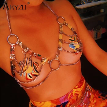 

2019 Shiny Laser Holographic Choker Harness Crop Top Women Punk PVC Hologram Straps Belt Spikes Chain Torques Nightclub Cami Top