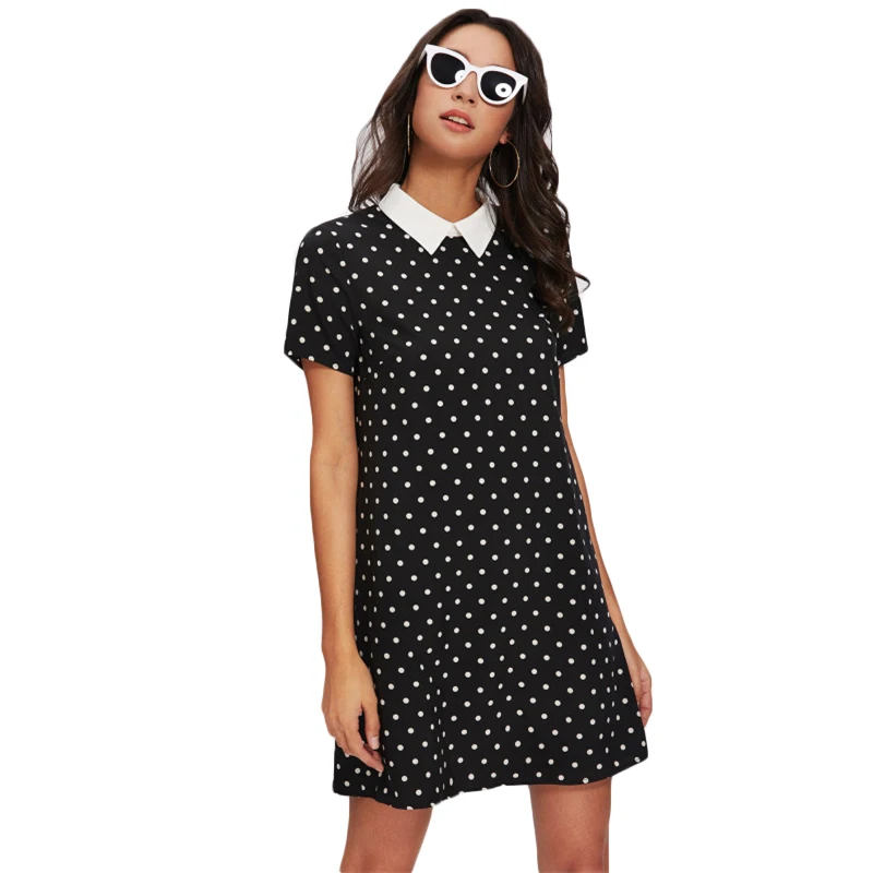 black  Polka Dot Casual Straight Dress 