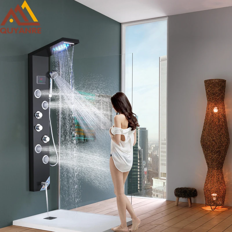 quyanre wanfan frap black led shower panel shower column rainfall waterfall shower head 4 mist spa jets 3 handles mixer tap tub spout bath shower