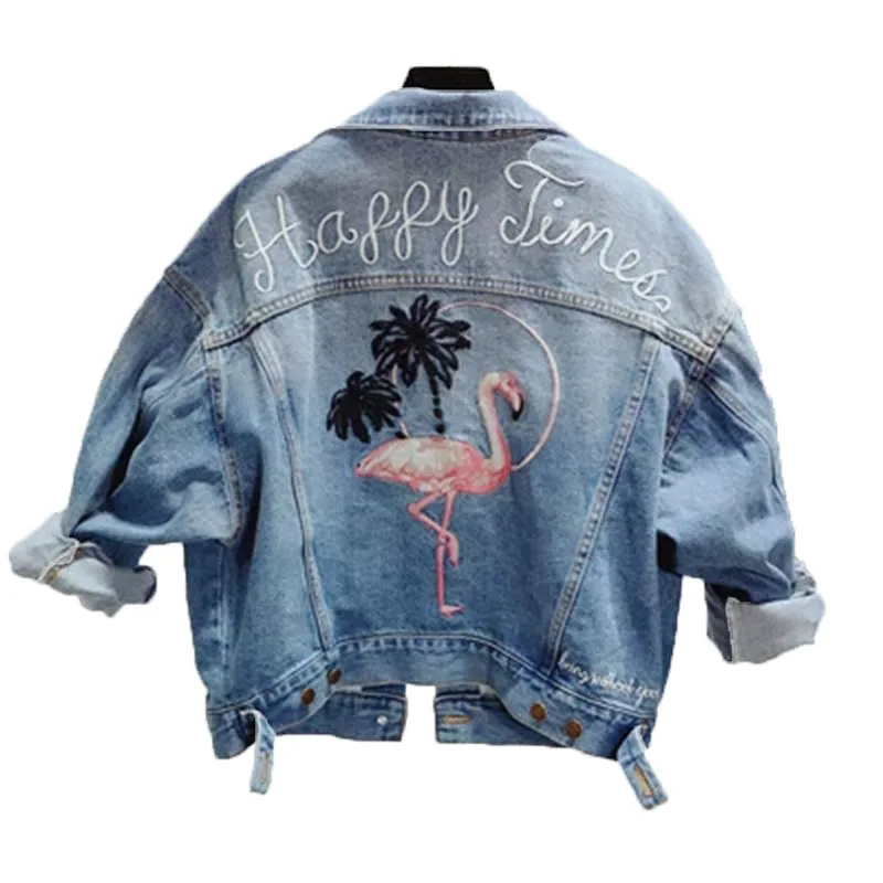 Spring and Autumn Heavy Industry Embroidered Flamingo Washing Lapel Lady Denim Jacket Loose Thin Fashion Lady Jeans W73
Spring and Autumn Heavy Industry Embroidered Flamingo Washing Lapel Lady Denim Jacket Loose Thin Fashion Lady Jeans W73