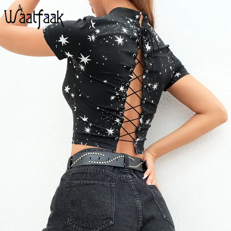 Waatfaak Black Hole Female T-shirt Hollow Out Bandage Short Sleeve Tshirts Women Backless Sexy Harajuku Summer Vintage Basic Top
Waatfaak Black Hole Female T-shirt Hollow Out Bandage Short Sleeve Tshirts Women Backless Sexy Harajuku Summer Vintage Basic Top