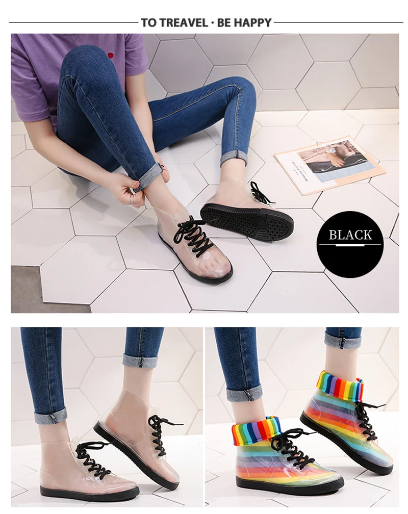 Fashion Jelly Transparent Shoes Cute Adult Women Rain Boots Korean Waterproof Female Shoes Non-slip Rubber Lady Shoes Ankle Boot (21)