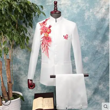 stand collar mens Chinese tunic suit set pants wedding Sequin embroidery singer chorus stage trajes para hombre white red | Мужская