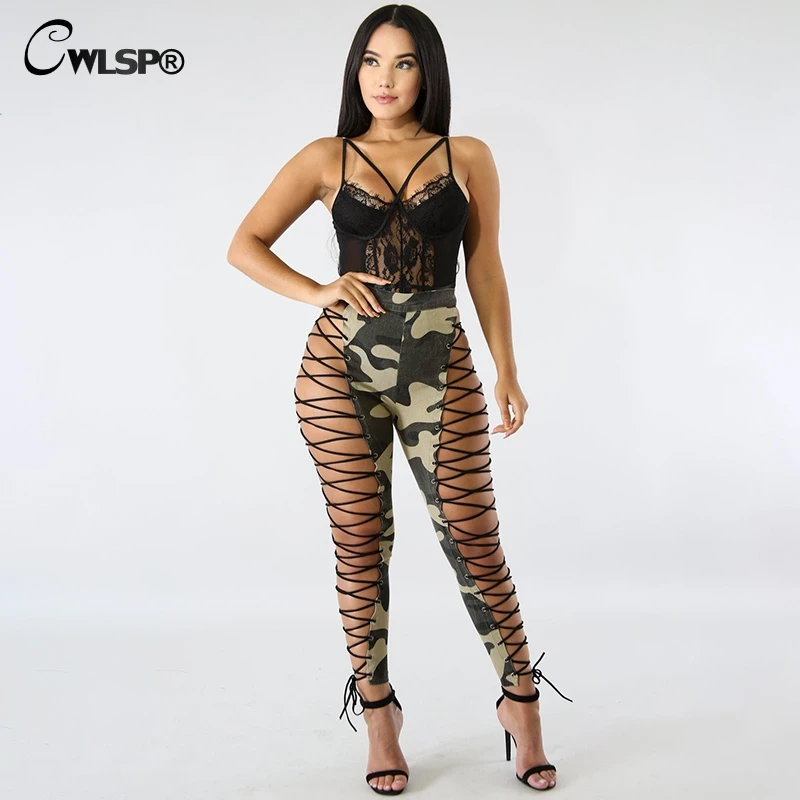 CWLSP Sexy Lace Up With Bow Summer Pants For Women Camouflage Hollow Out Sheath Full Length Female Hijgen QZ2834
CWLSP Sexy Lace Up With Bow Summer Pants For Women Camouflage Hollow Out Sheath Full Length Female Hijgen QZ2834