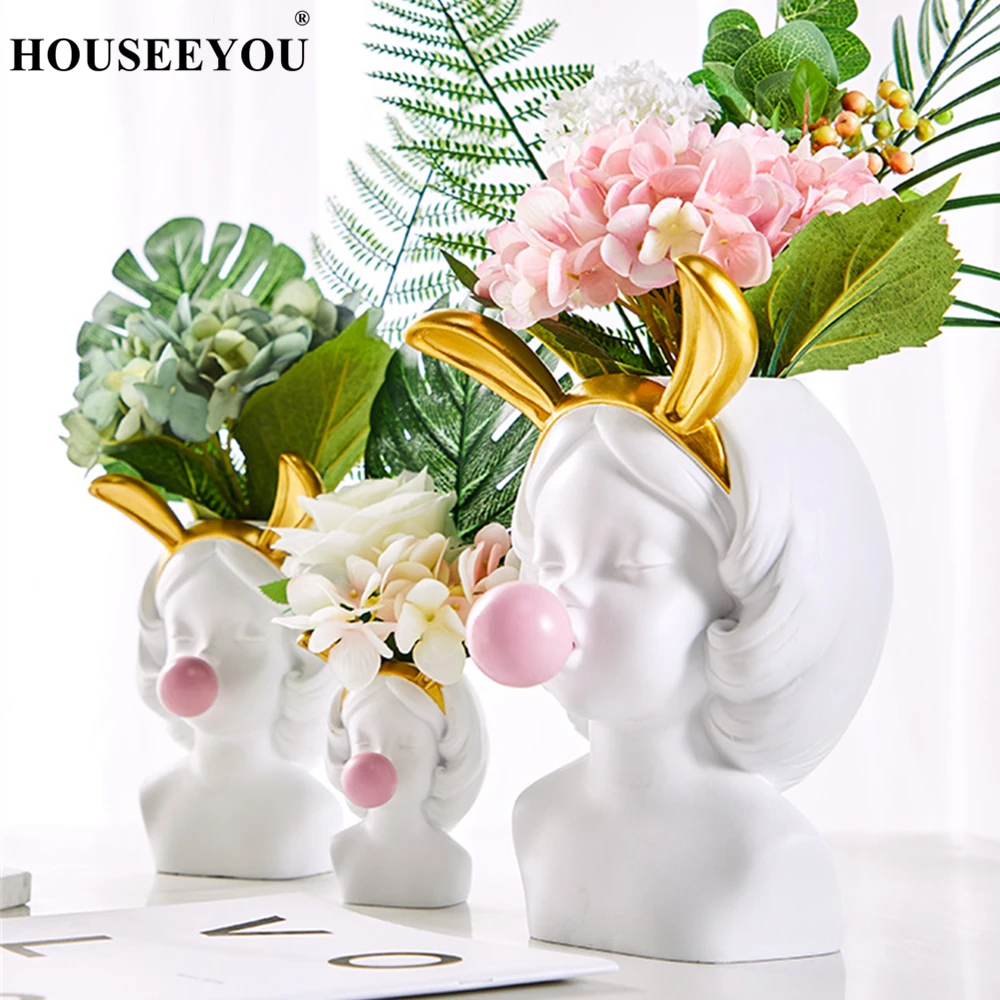 Cute Cartoon Girl Resin Head Vase Bubble Gum Statue Home Room Plant Flower Decor 