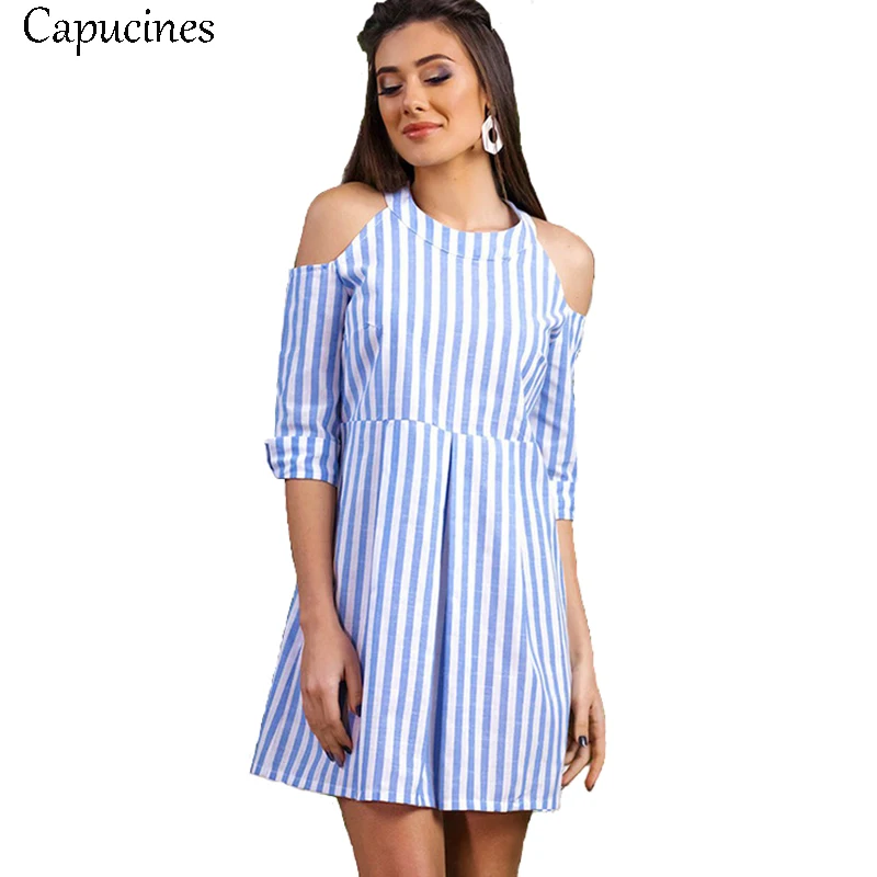 Capucines New 2018 Summer Light Blue Striped Halter Neck Dress Half Sleeves Open Shoulder Women A-Line Mini Dresses
Capucines New 2018 Summer Light Blue Striped Halter Neck Dress Half Sleeves Open Shoulder Women A-Line Mini Dresses