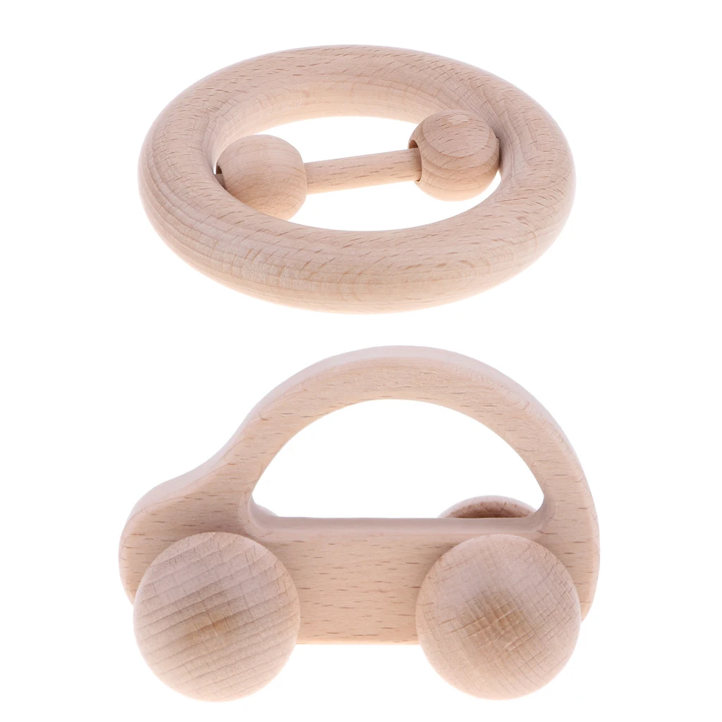 2 PCS Wooden Rattle Educational Grasping Montessori Developmental Toy Car + Ring