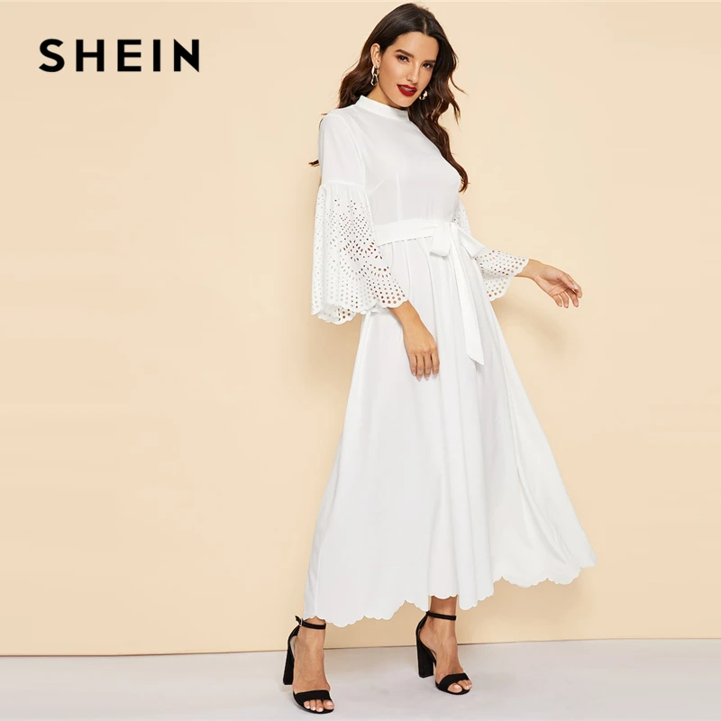 

SHEIN White Stand Collar Scallop Edge Laser Cut Belted Plain Dress Women Casual 2019 Summer Flounce Sleeve Mid Waist Dresses