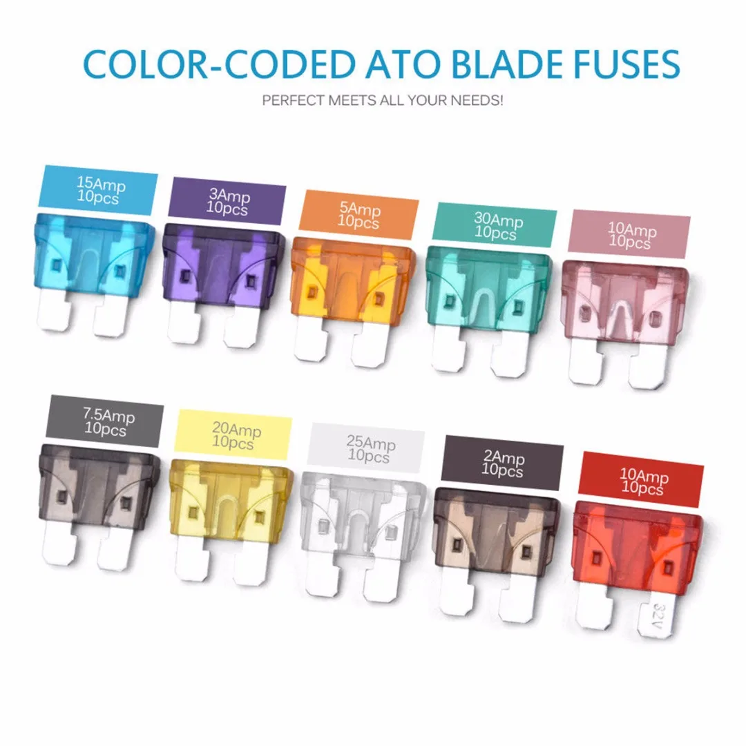 100pcs 2-35A Blade Fuses Assortment Kit Standard ATC/ATO Blade Fuses with Plastic Case For Car Automotive Boat Truck