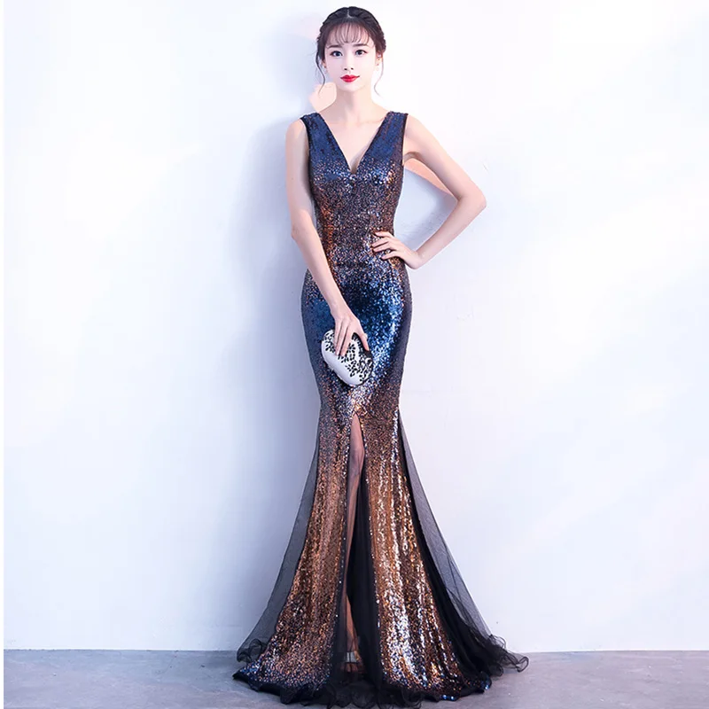 Corstory New 2018 Women Gradient Sequined Dress Sexy Gold V-Neck Long Mermaid Mesh Slit Vestidos Celebrity Evening Party Dress
Corstory New 2018 Women Gradient Sequined Dress Sexy Gold V-Neck Long Mermaid Mesh Slit Vestidos Celebrity Evening Party Dress