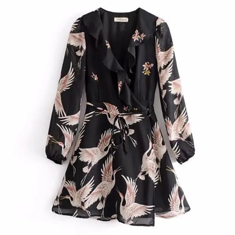 Ethnic Strappy Waist Animal Crane print Dress 2018 Retro New Ruffles Crosse V neck Bandage Shirt Dress With Liner femme Black
Ethnic Strappy Waist Animal Crane print Dress 2018 Retro New Ruffles Crosse V neck Bandage Shirt Dress With Liner femme Black
