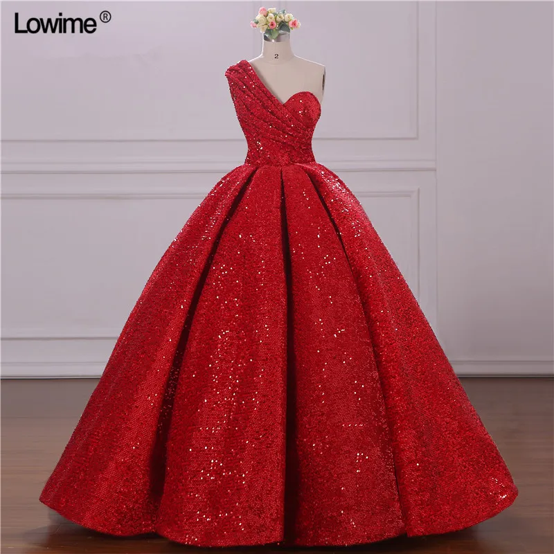 

Red Sequined Elie Saab Arabic Formal Evening Dresses Long One-Shoulder Ruffles Ball Gowns Prom Dresses Abendkleider 2019