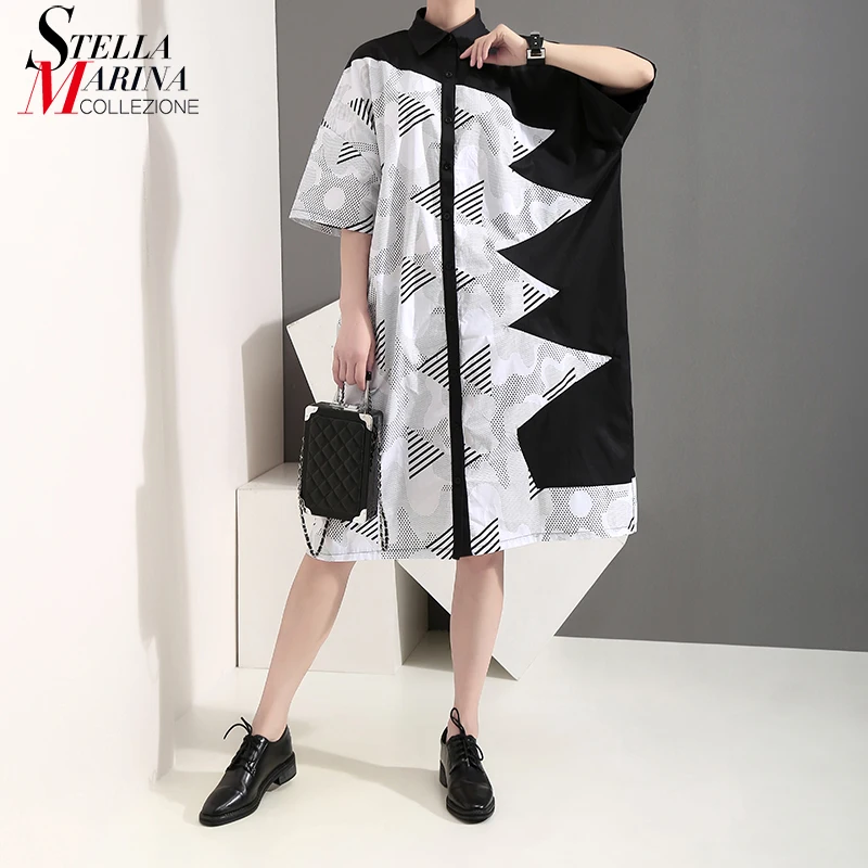 

New 2019 Korean Style Women Summer Clothing Plus Size Shirt Dress Geometrical Pattern Printed Female Casual Midi Dress Robe 5113