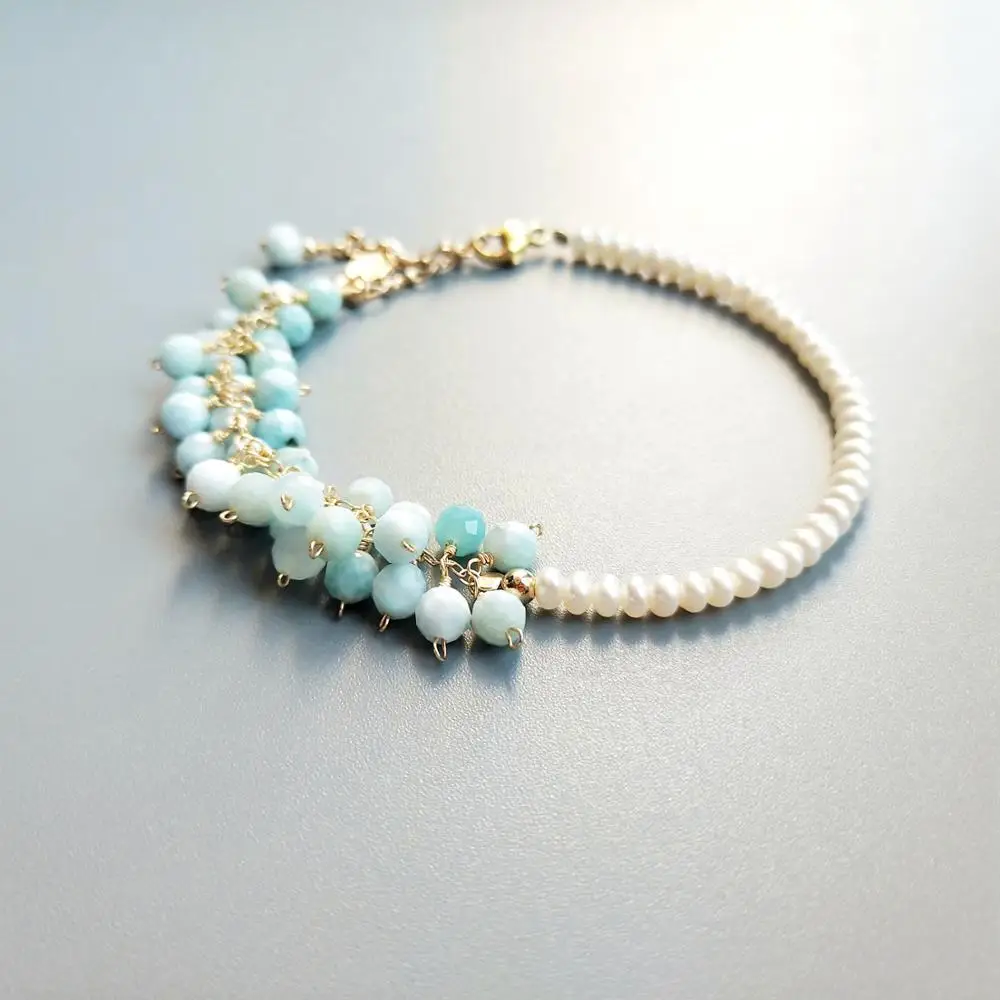 

Lii Ji Genuine Natural Larimar White Freshwater Pearl 14K GF Chain Handmade Unique Bracelet Delicate Jewelry For Women Girl