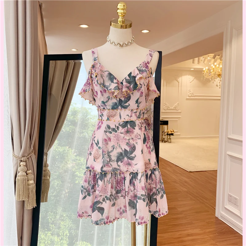 HIGH QUALITY Newest 2019 Designer Dress Women's Spaghetti Strap Floral Print Beading Ruffle Dress
HIGH QUALITY Newest 2019 Designer Dress Women's Spaghetti Strap Floral Print Beading Ruffle Dress