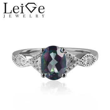 

925 Silver Real Mystic Topaz Ring Oval Cut Prong Setting Rainbow Gemstone Engagement Rings for Women Romantic Gifts