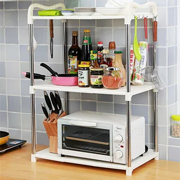 Image 1 PCS 3 Layers Microwave Oven Shelf Floor Type Kitchen Double Storage Rack Shelf White Green Pink ABS Plastic Stainless Steel