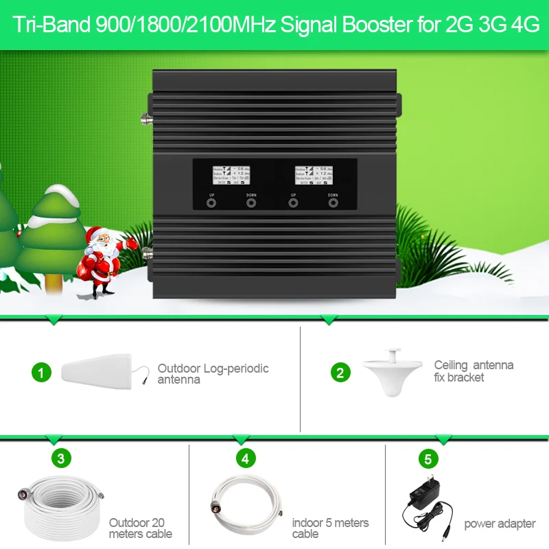 Tri-band 2G 3G 4G repeater cellular signal GSM900/DCS1800/WCDMA 2100MHz mobile signal booster amplifier
Tri-band 2G 3G 4G repeater cellular signal GSM900/DCS1800/WCDMA 2100MHz mobile signal booster amplifier